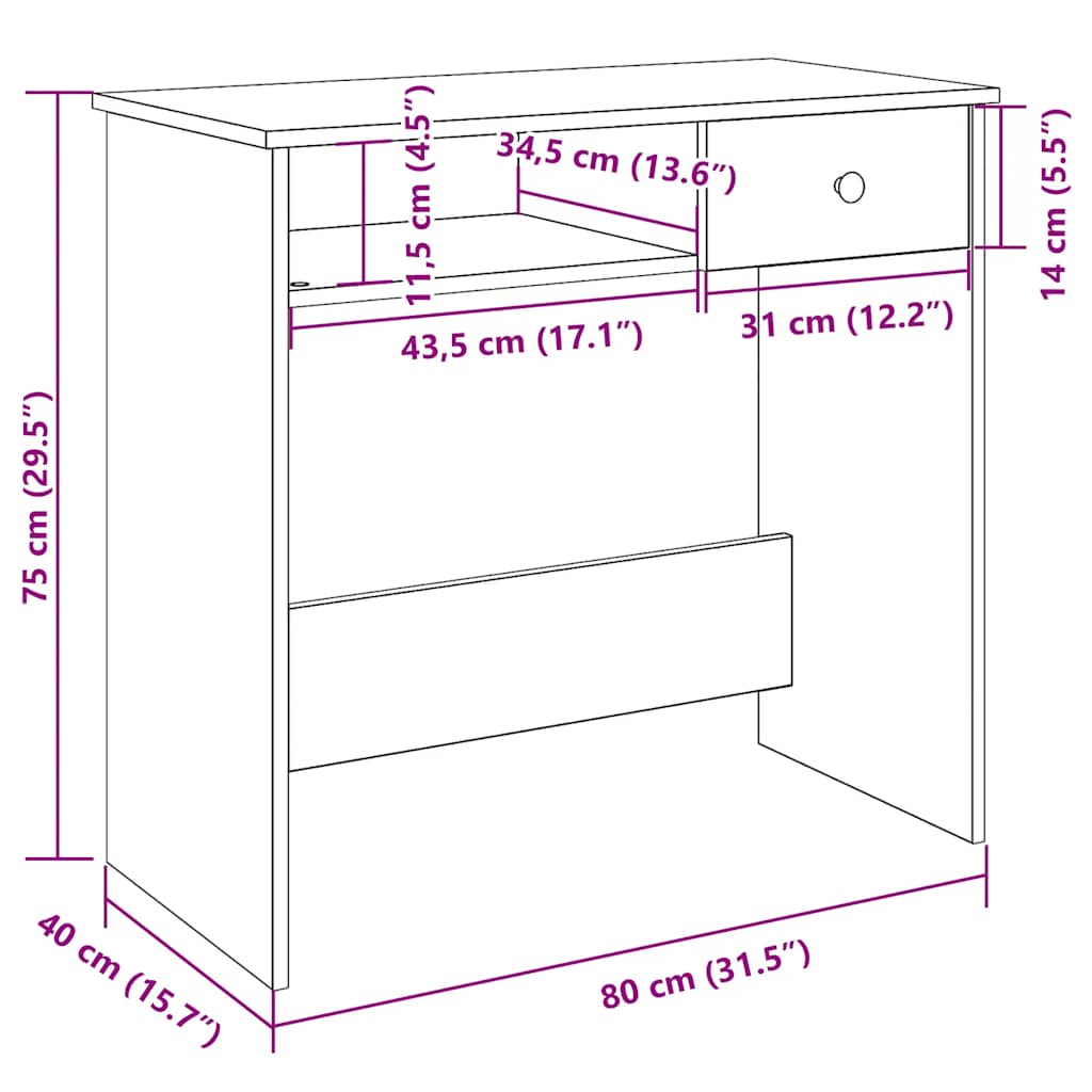 Birou, stejar artizanal, 80x40x75 cm, lemn prelucrat