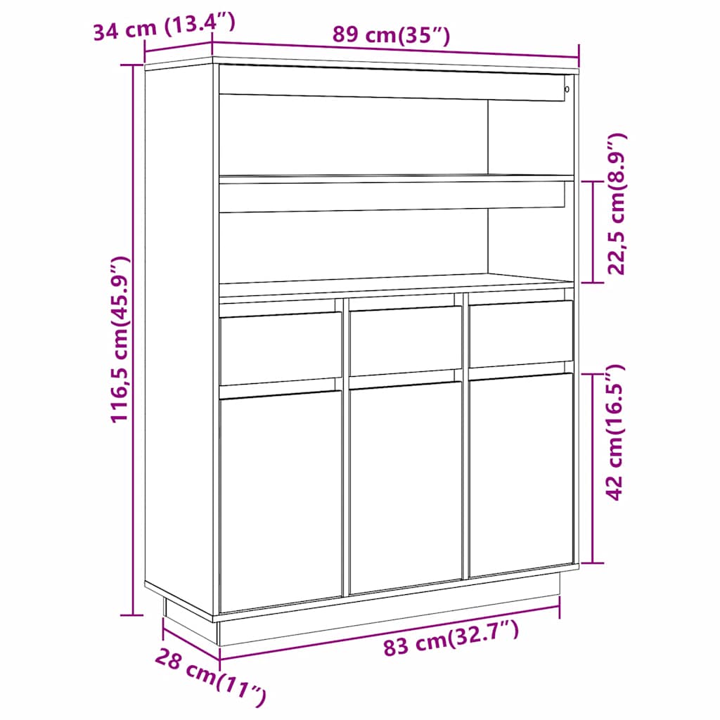 Tall cabinet, white, 89x34x116.5 cm, solid pine wood