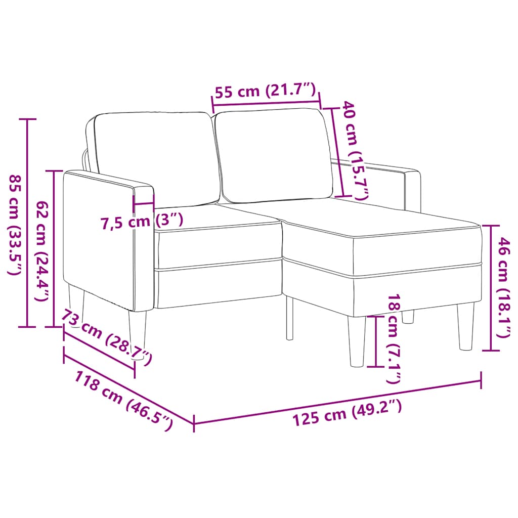 2-seater sofa with chaise longue in L-shape, dark grey fabric