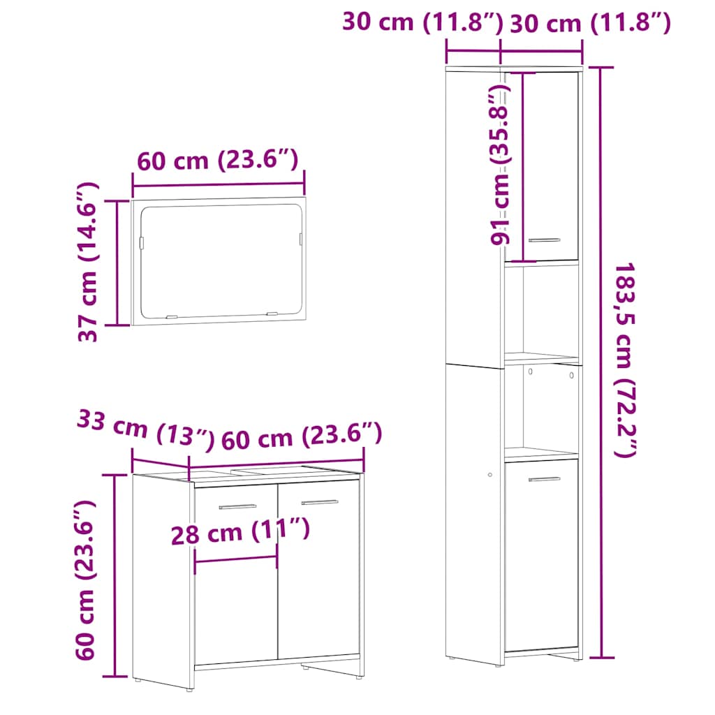 Set mobilier de baie, 3 piese, lemn vechi, lemn prelucrat