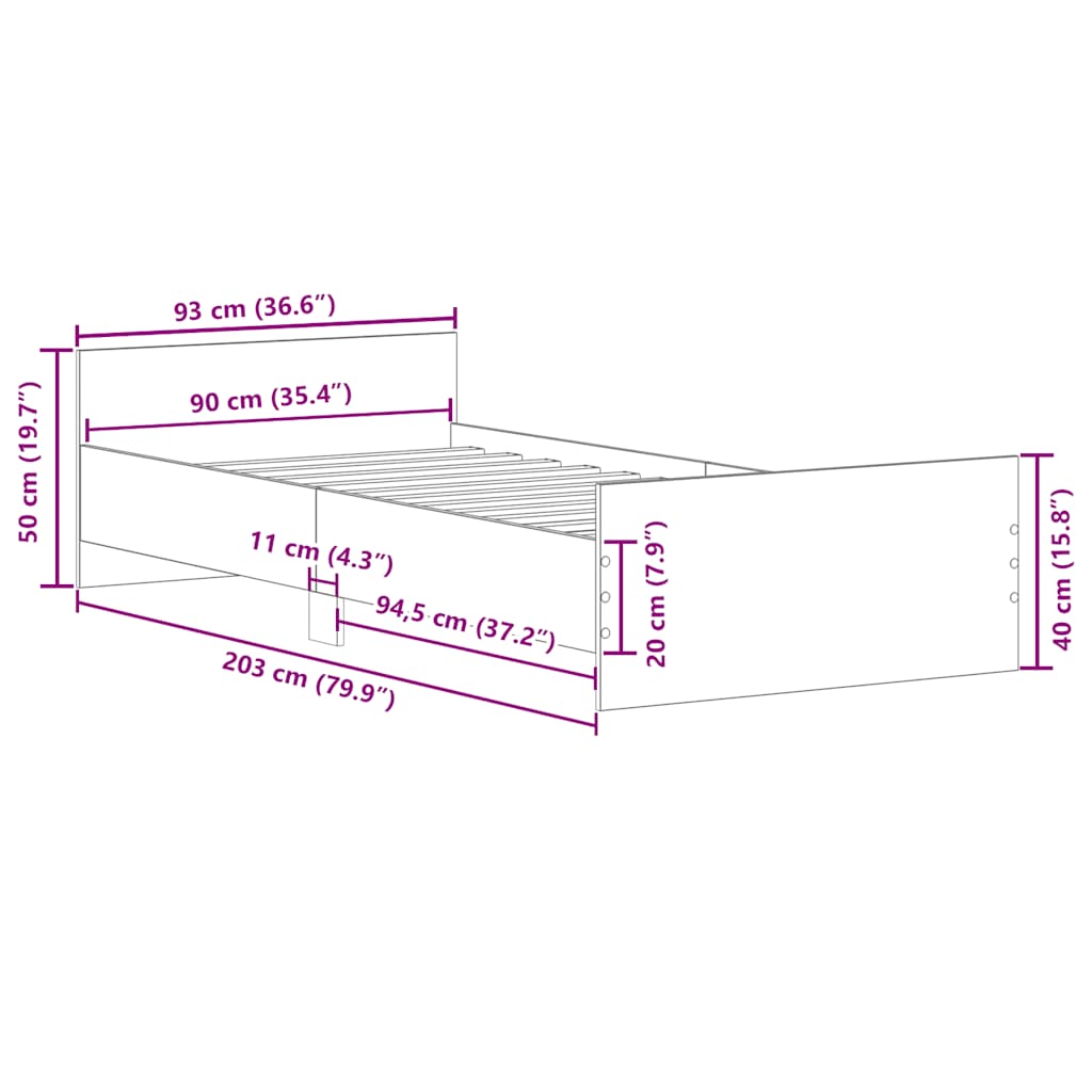 Cadru de pat fără saltea Lemn vechi 90x200cm Lemn prelucrat