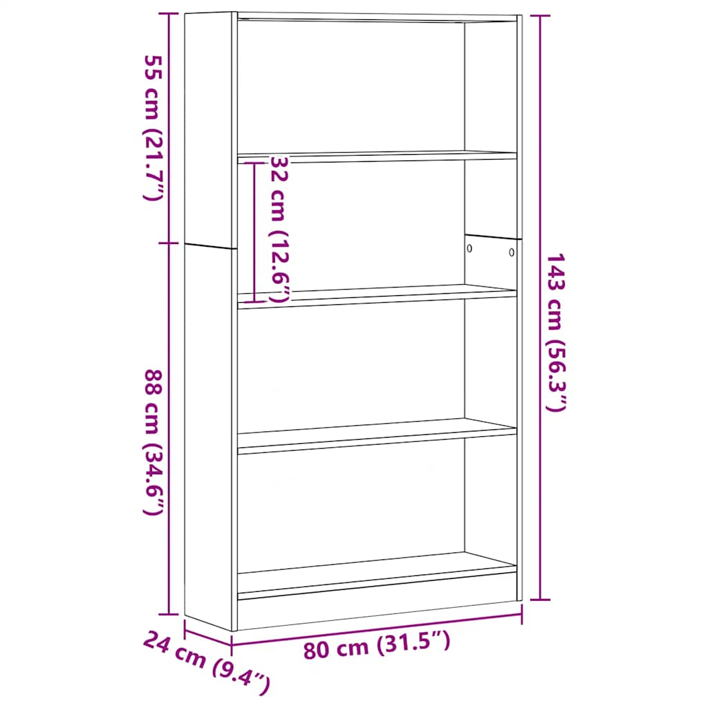 Bibliotecă cu 4 etaje Stejar negru 80x24x143 cm Lemn prelucrat