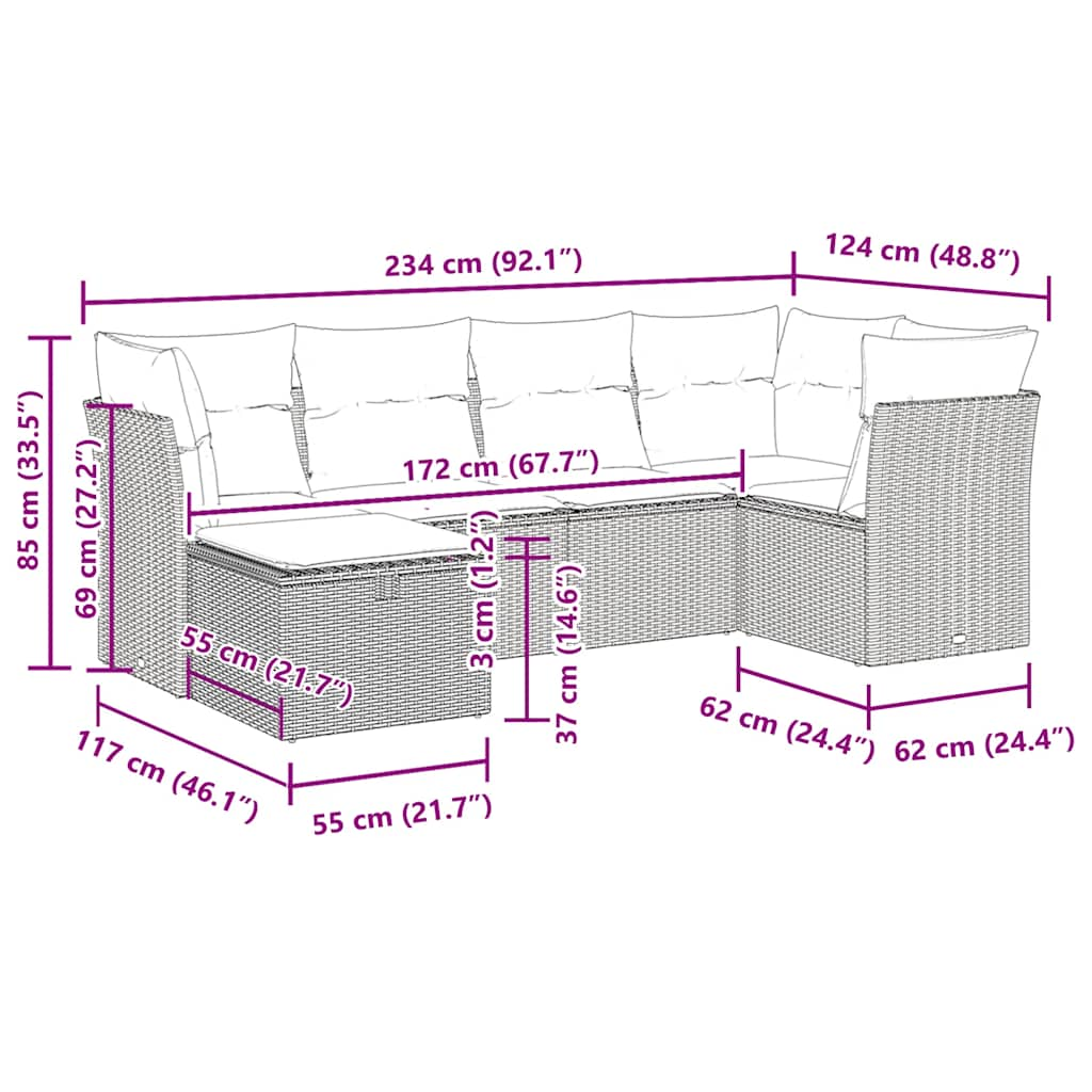 Garden furniture set with cushions, 6 pieces, grey, polyrattan