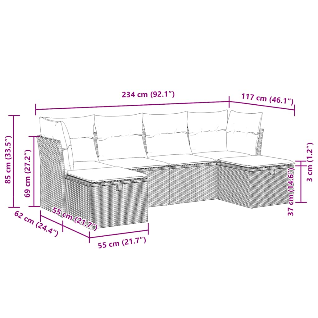 Garden furniture set with cushions, 6 pieces, grey, polyrattan