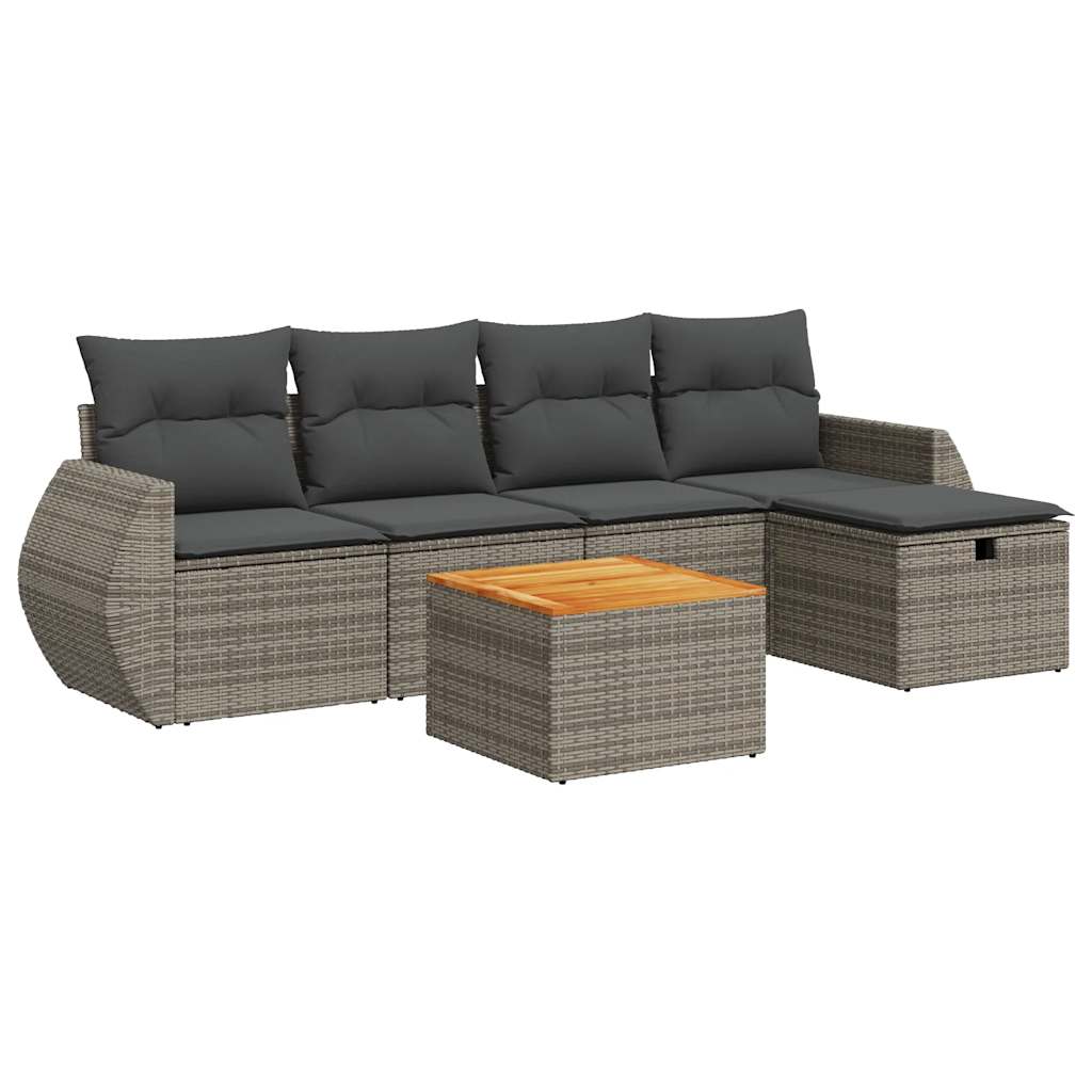 Garden furniture set with cushions, 6 pieces, grey, polyrattan