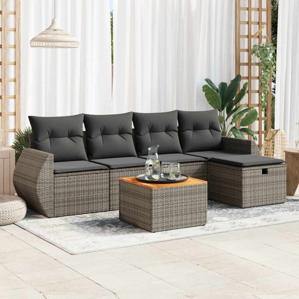 Garden furniture set with cushions, 6 pieces, grey, polyrattan