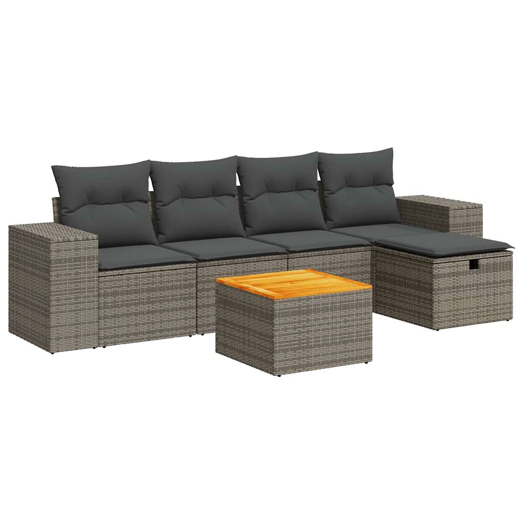 Garden furniture set with cushions, 6 pieces, grey, polyrattan