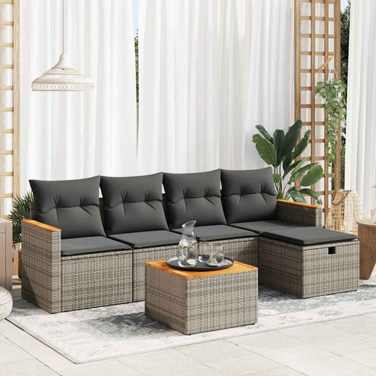 Garden furniture set with cushions, 6 pieces, grey, polyrattan