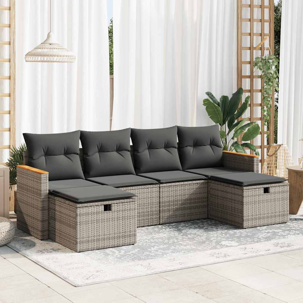 Garden furniture set with cushions, 6 pieces, grey, polyrattan