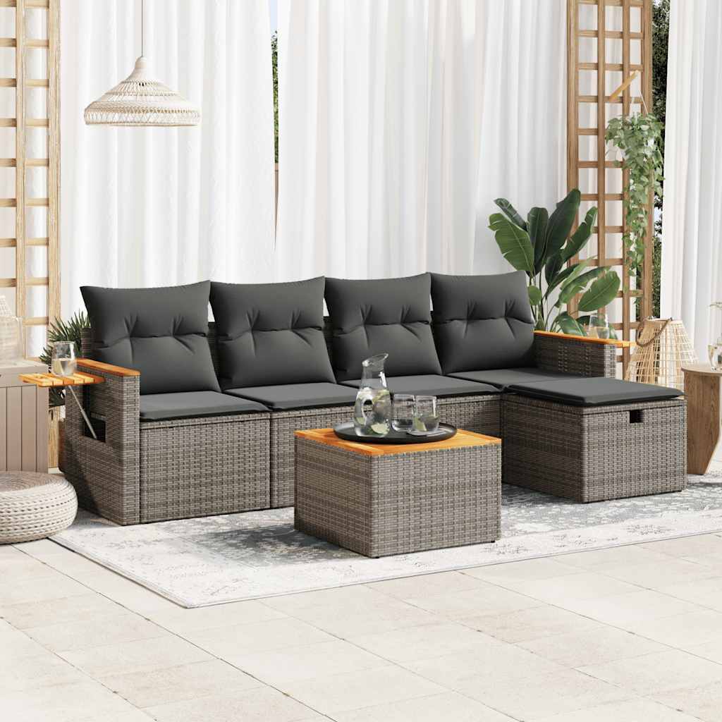 Garden furniture set with cushions, 6 pieces, grey, polyrattan