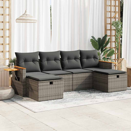 Garden furniture set with cushions, 6 pieces, grey, polyrattan