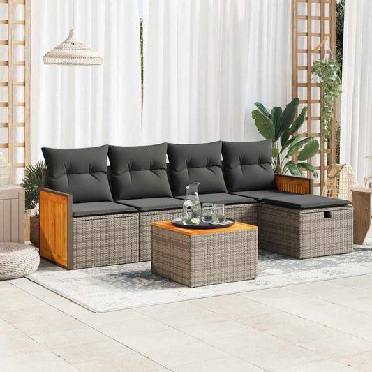 Garden furniture set with cushions, 6 pieces, grey, polyrattan