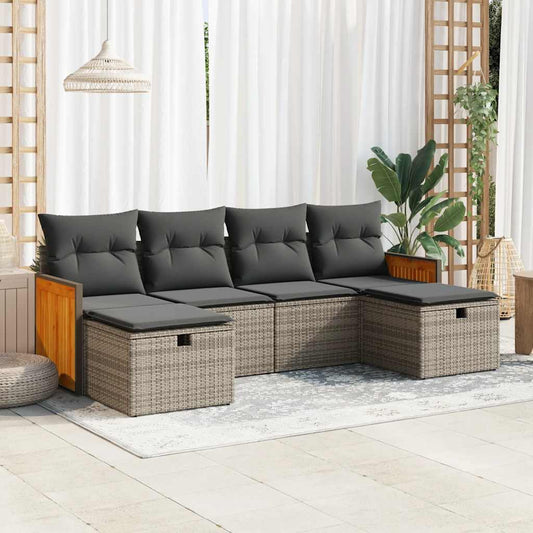 Garden furniture set with cushions, 6 pieces, grey, polyrattan