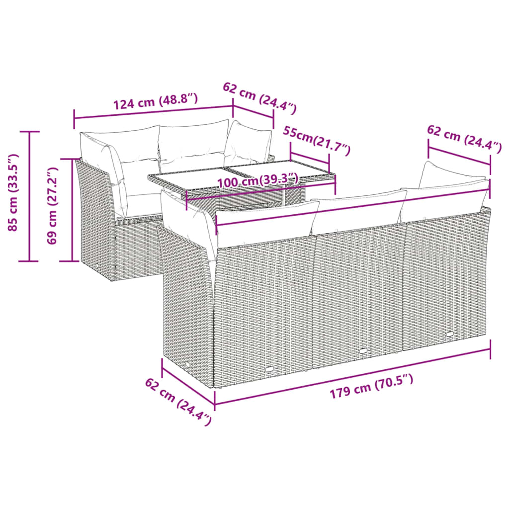 Garden furniture set with cushions, 6 pieces, grey, polyrattan