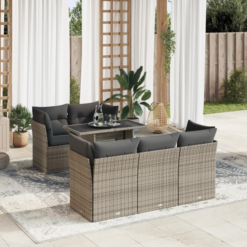 Garden furniture set with cushions, 6 pieces, grey, polyrattan