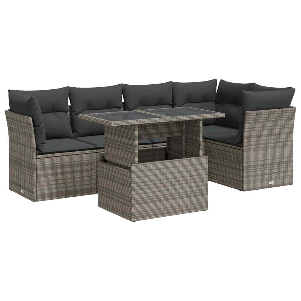 Garden furniture set with cushions, 6 pieces, grey, polyrattan