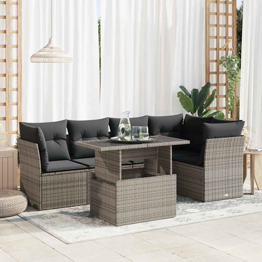 Garden furniture set with cushions, 6 pieces, grey, polyrattan