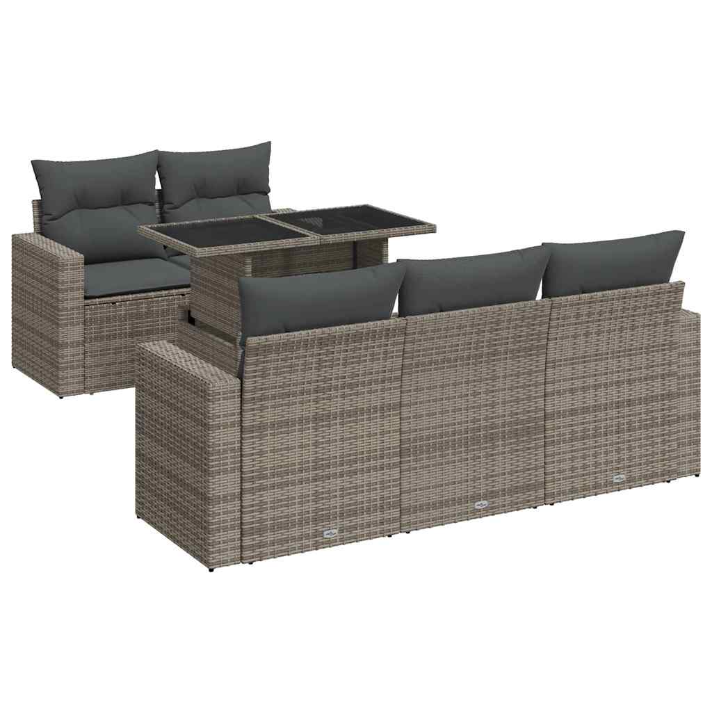 Garden furniture set with cushions, 6 pieces, grey, polyrattan