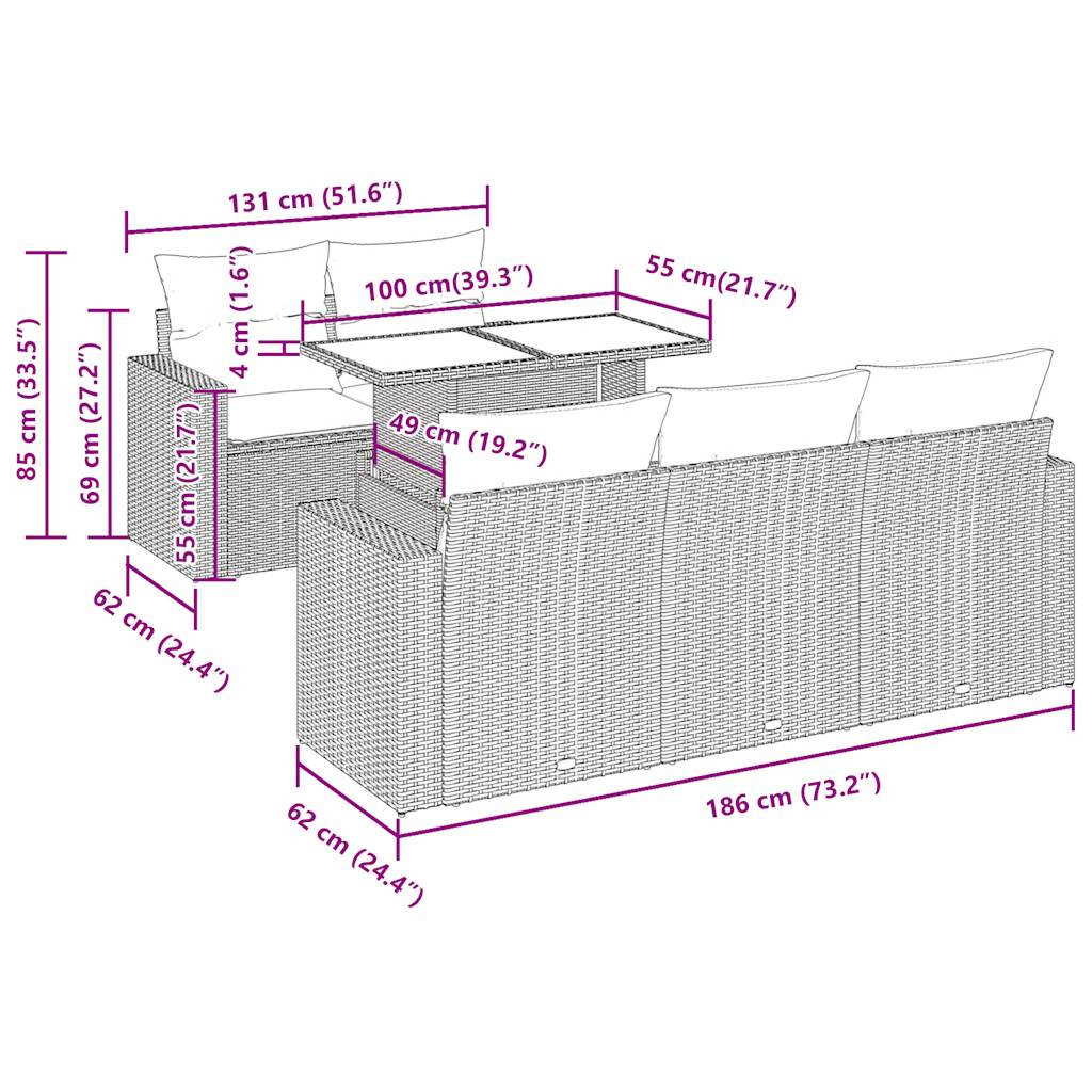 Garden furniture set with cushions, 6 pieces, grey, polyrattan