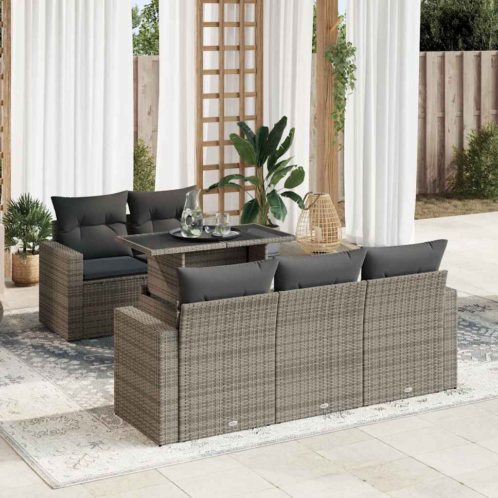 Garden furniture set with cushions, 6 pieces, grey, polyrattan