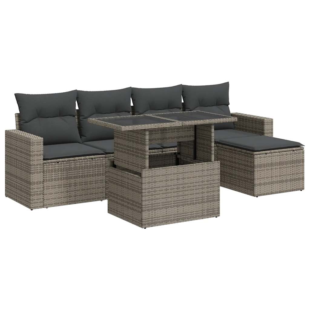 Garden furniture set with cushions, 6 pieces, grey, polyrattan