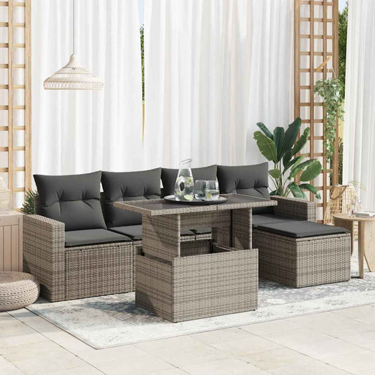 Garden furniture set with cushions, 6 pieces, grey, polyrattan