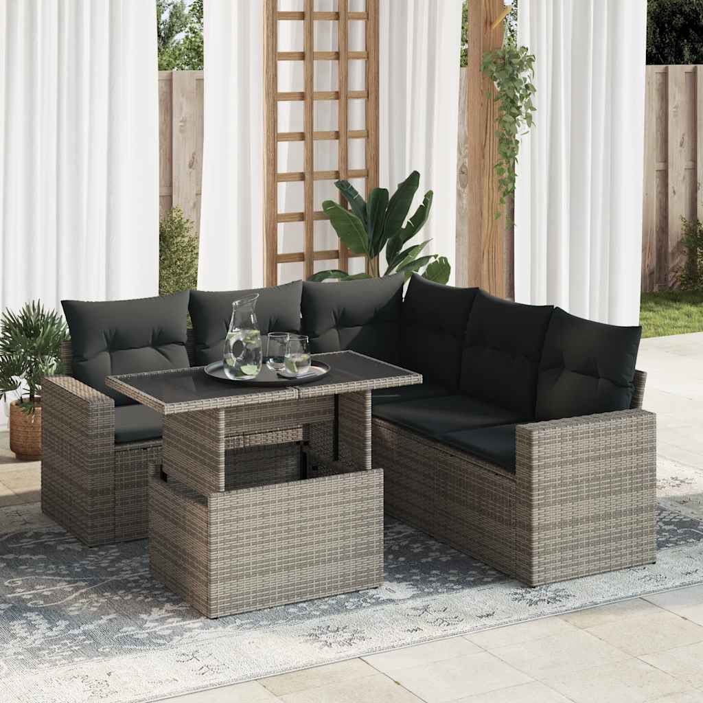 Garden furniture set with cushions, 6 pieces, grey, polyrattan