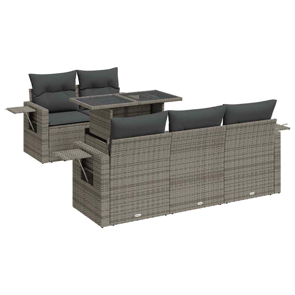 Garden furniture set with cushions, 6 pieces, grey, polyrattan