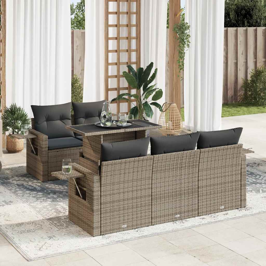 Garden furniture set with cushions, 6 pieces, grey, polyrattan