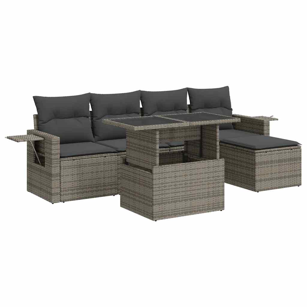 Garden furniture set with cushions, 6 pieces, grey, polyrattan