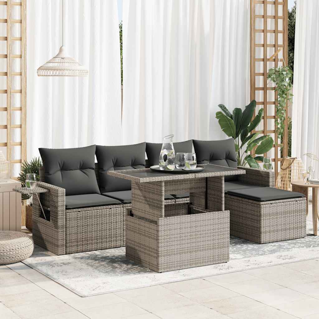 Garden furniture set with cushions, 6 pieces, grey, polyrattan