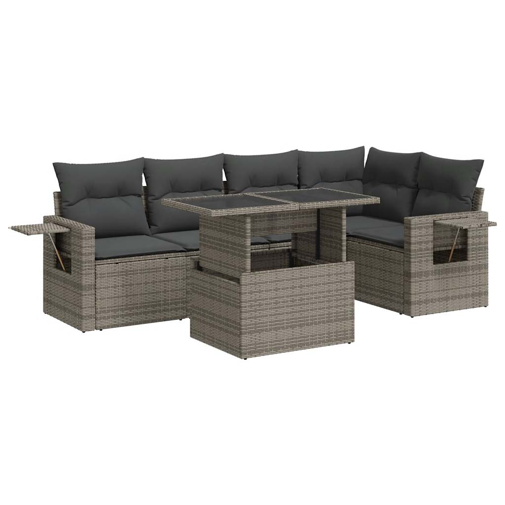 Garden furniture set with cushions, 6 pieces, grey, polyrattan