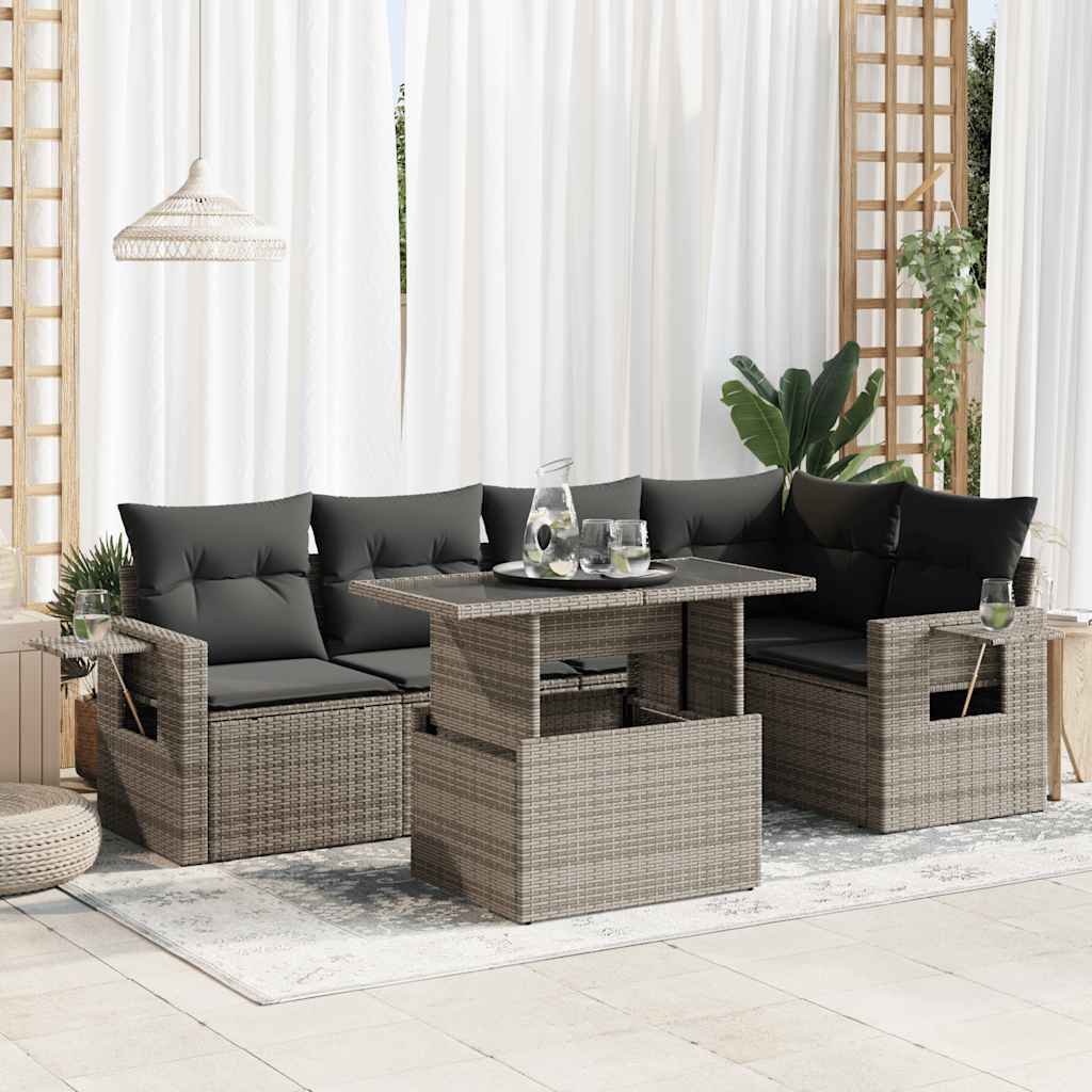 Garden furniture set with cushions, 6 pieces, grey, polyrattan