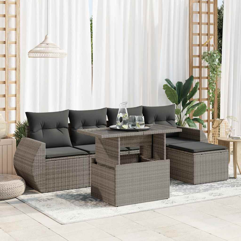 Garden furniture set with cushions, 6 pieces, grey, polyrattan