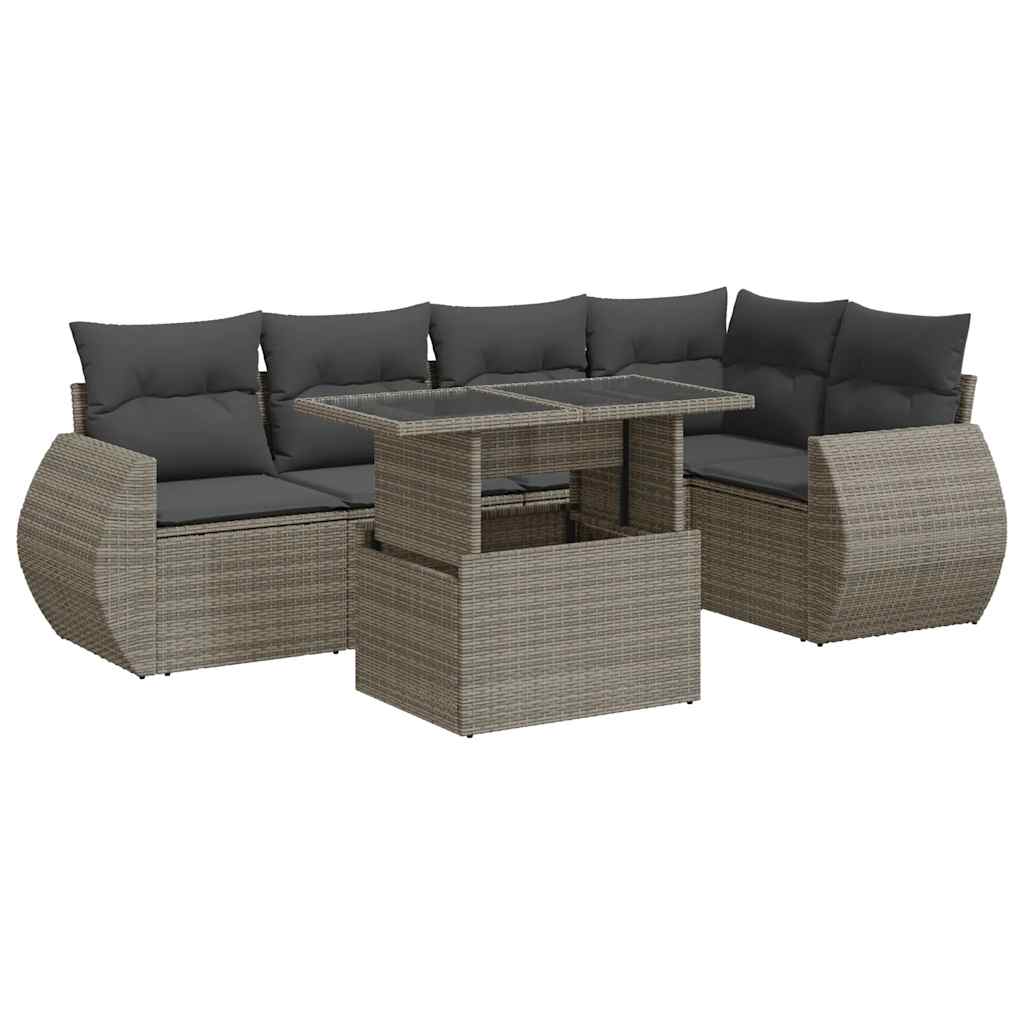 Garden furniture set with cushions, 6 pieces, grey, polyrattan