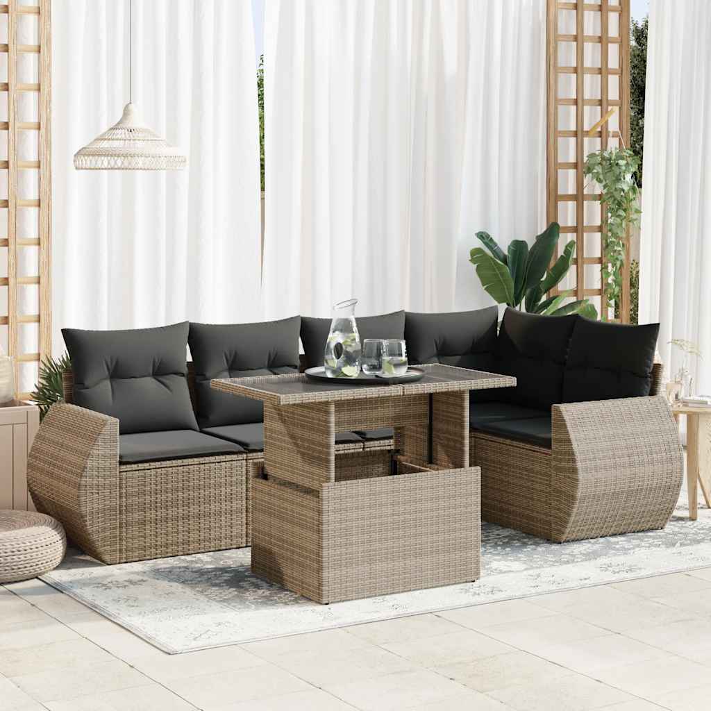 Garden furniture set with cushions, 6 pieces, grey, polyrattan