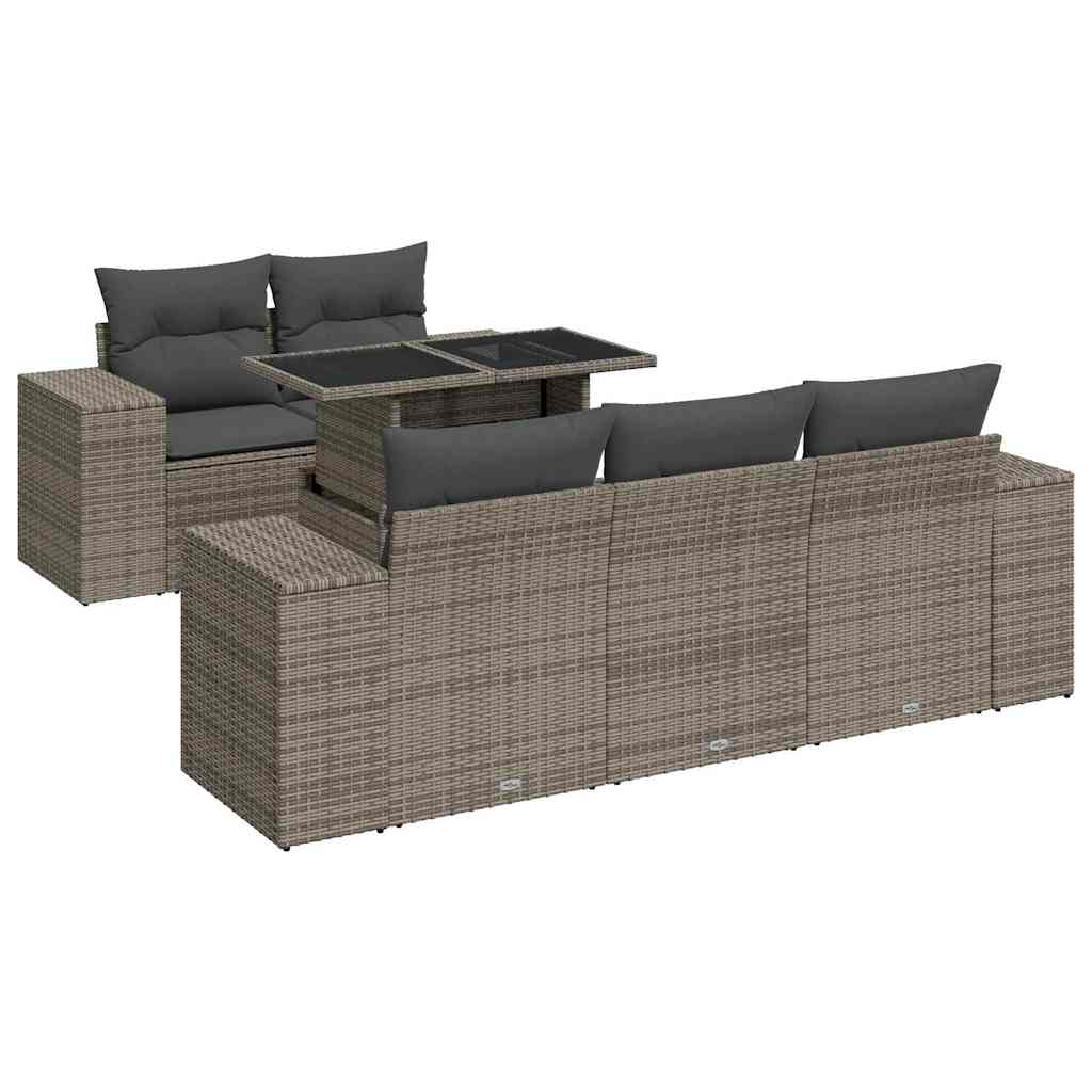 Garden furniture set with cushions, 6 pieces, grey, polyrattan