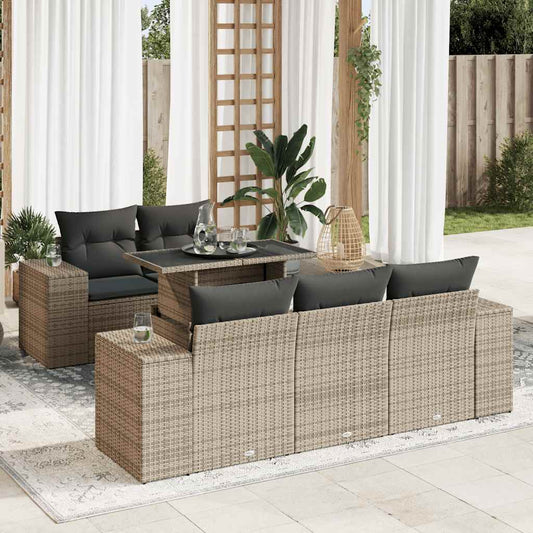 Garden furniture set with cushions, 6 pieces, grey, polyrattan