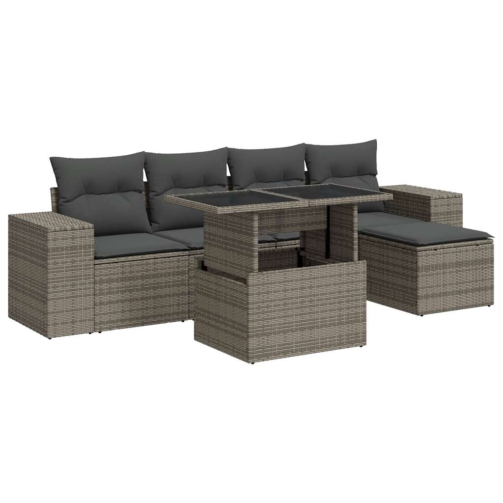 Garden furniture set with cushions, 6 pieces, grey, polyrattan