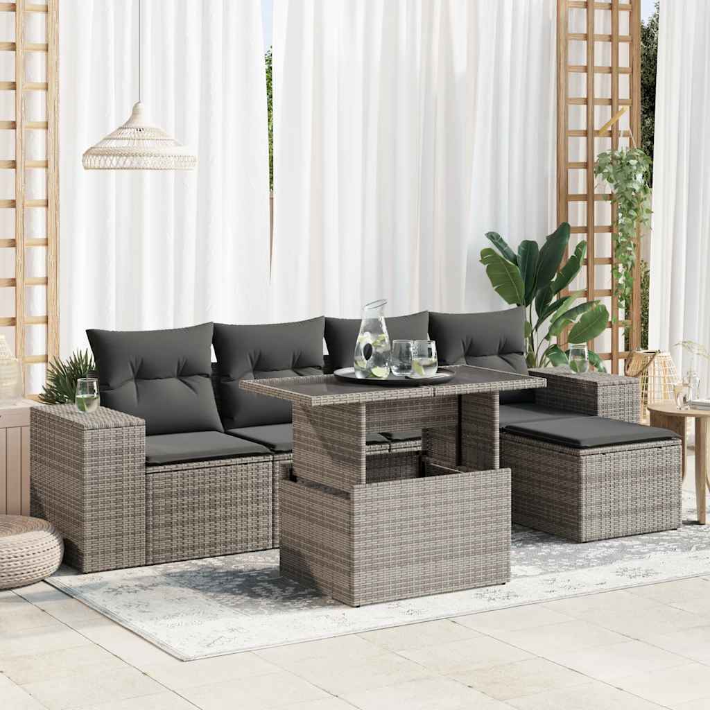 Garden furniture set with cushions, 6 pieces, grey, polyrattan