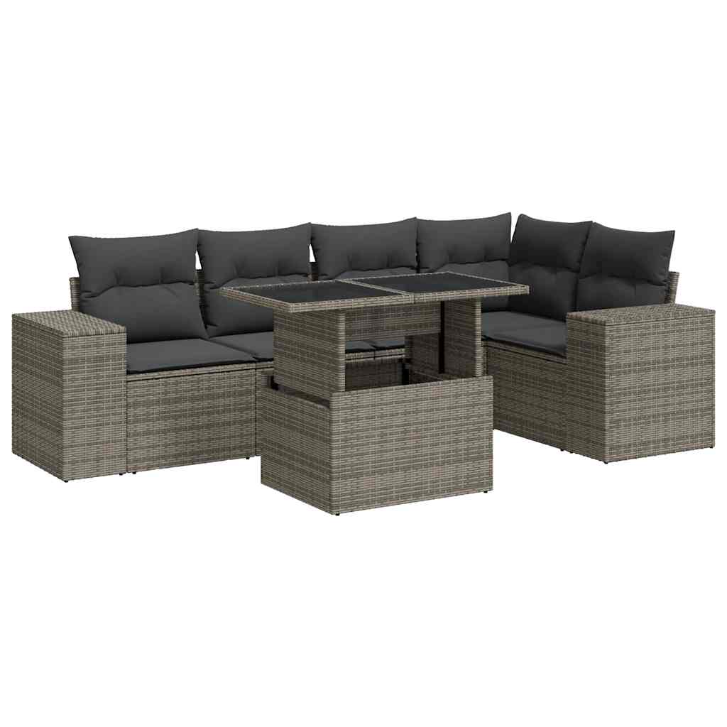 Garden furniture set with cushions, 6 pieces, grey, polyrattan