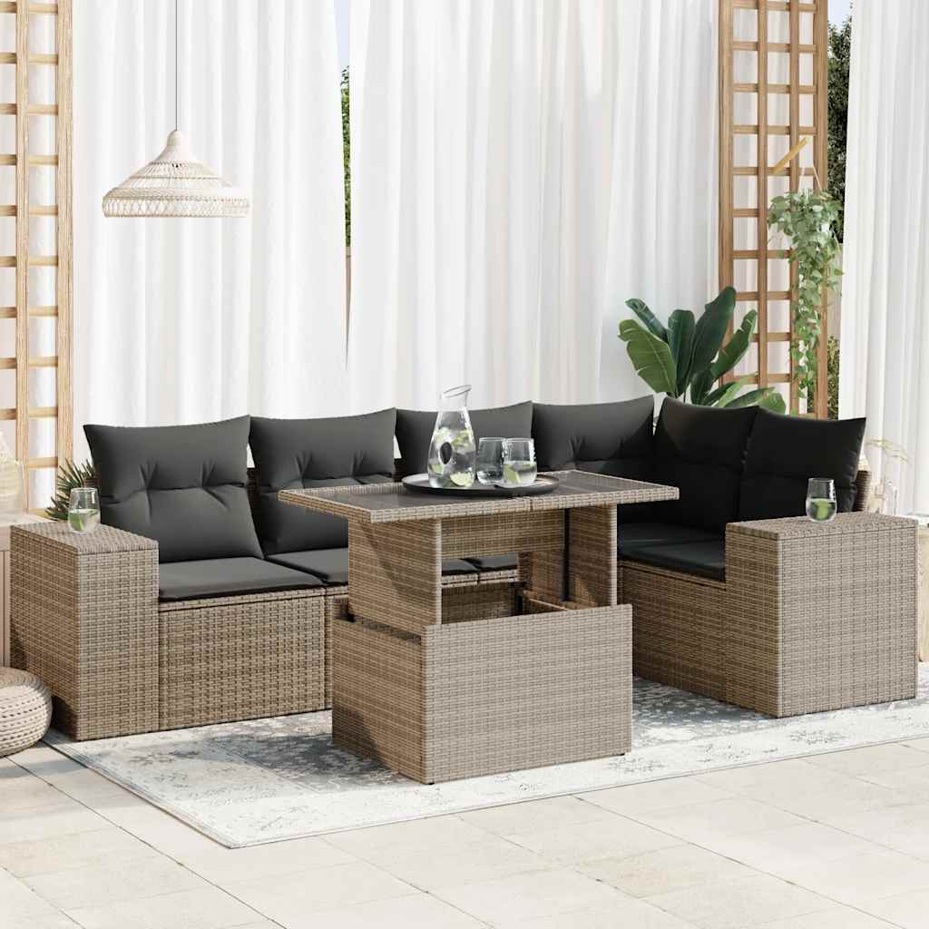 Garden furniture set with cushions, 6 pieces, grey, polyrattan