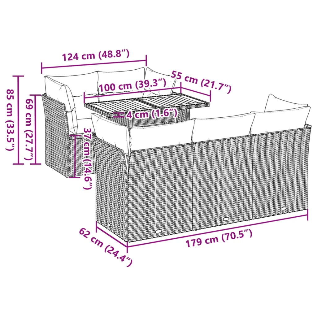 Garden furniture set with cushions, 6 pieces, grey, polyrattan