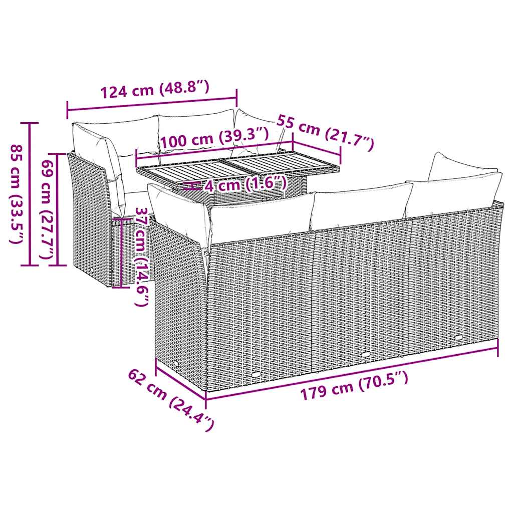 Garden furniture set with cushions, 6 pieces, grey, polyrattan