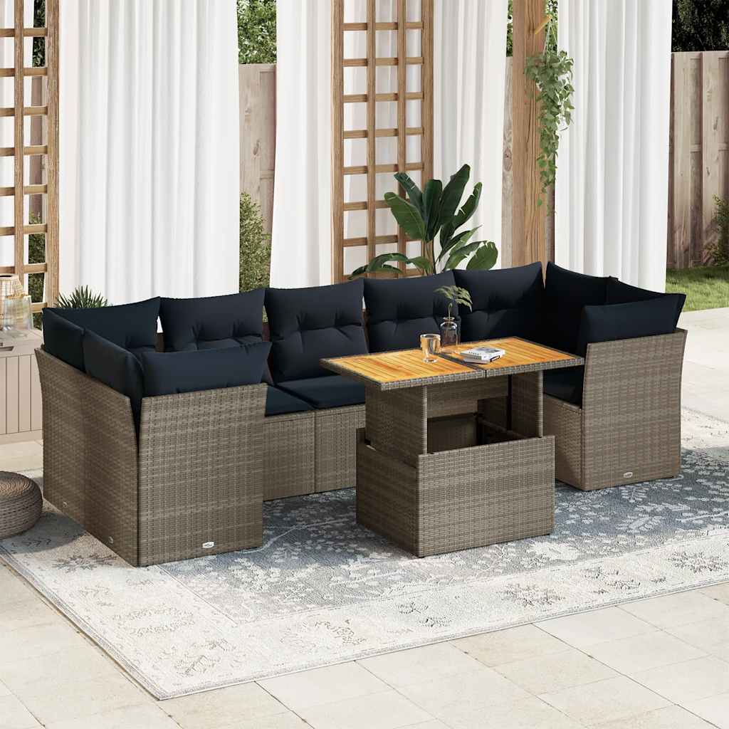 Garden furniture set with cushions, 6 pieces, grey, polyrattan