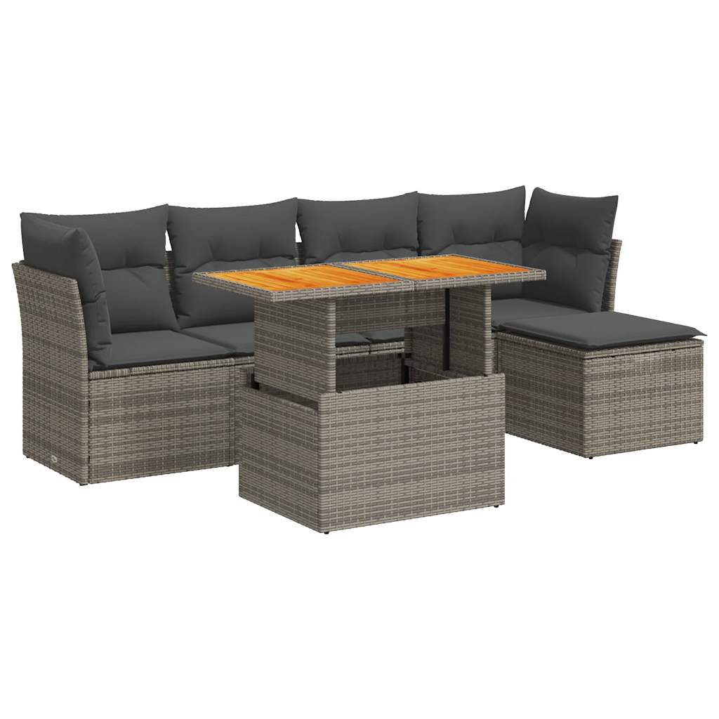 Garden furniture set with cushions, 6 pieces, grey, polyrattan