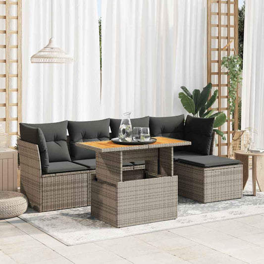 Garden furniture set with cushions, 6 pieces, grey, polyrattan