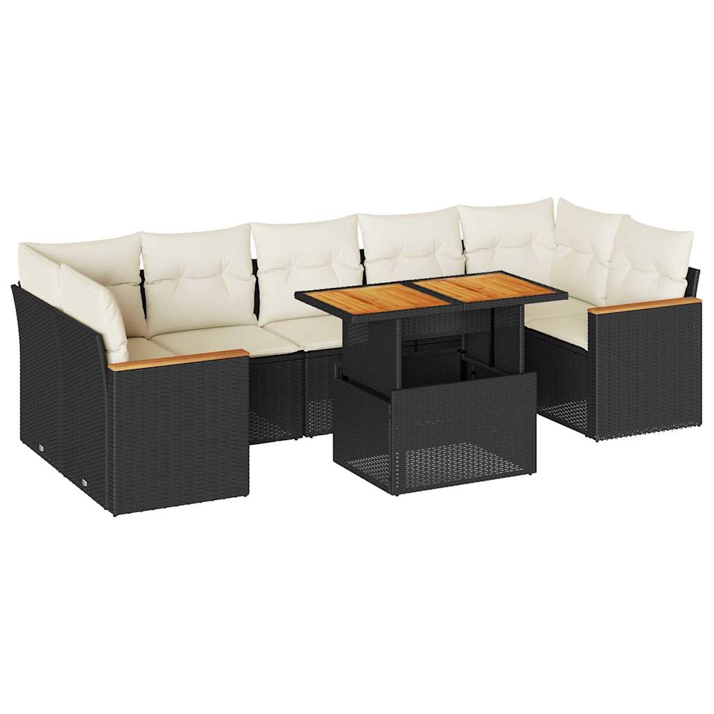 Set mobilier grădină perne 8 piese negru, poliratan/lemn acacia