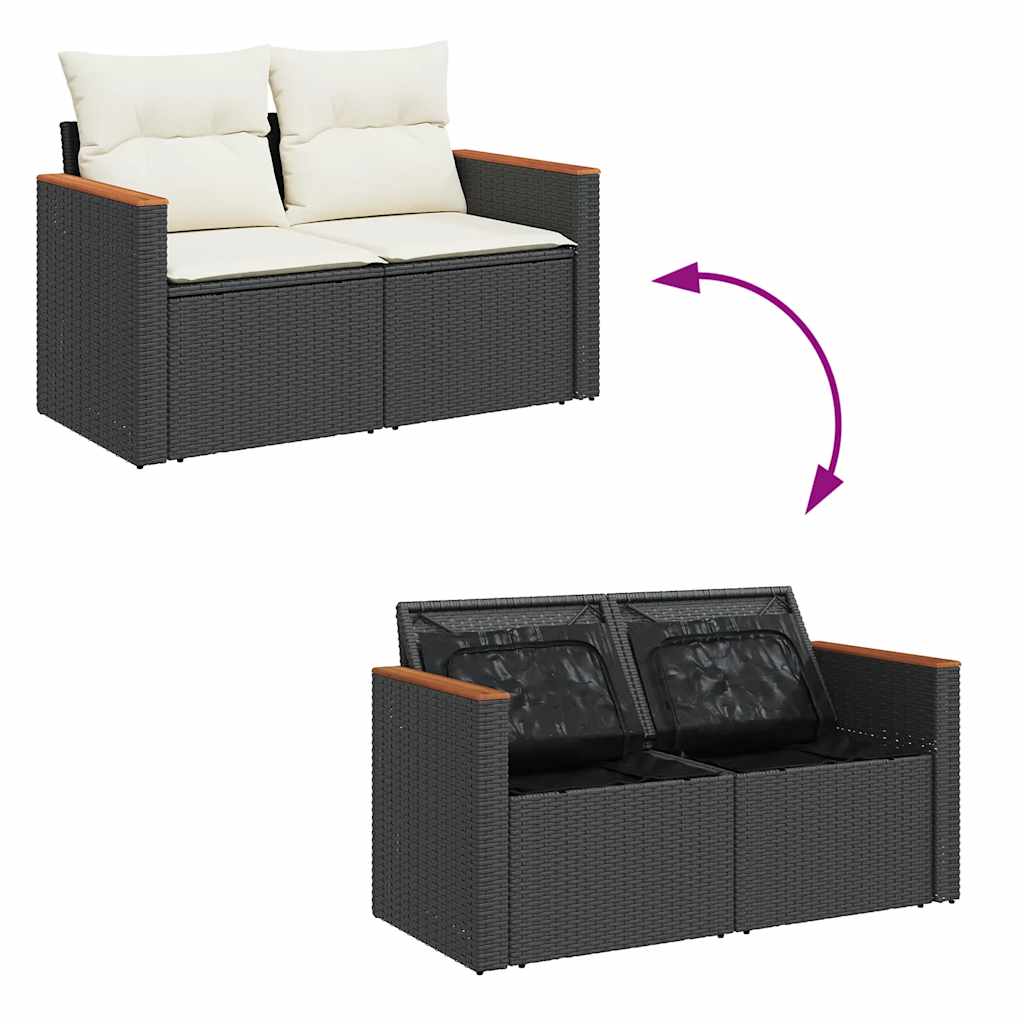 Set mobilier grădină perne 8 piese negru, poliratan/lemn acacia