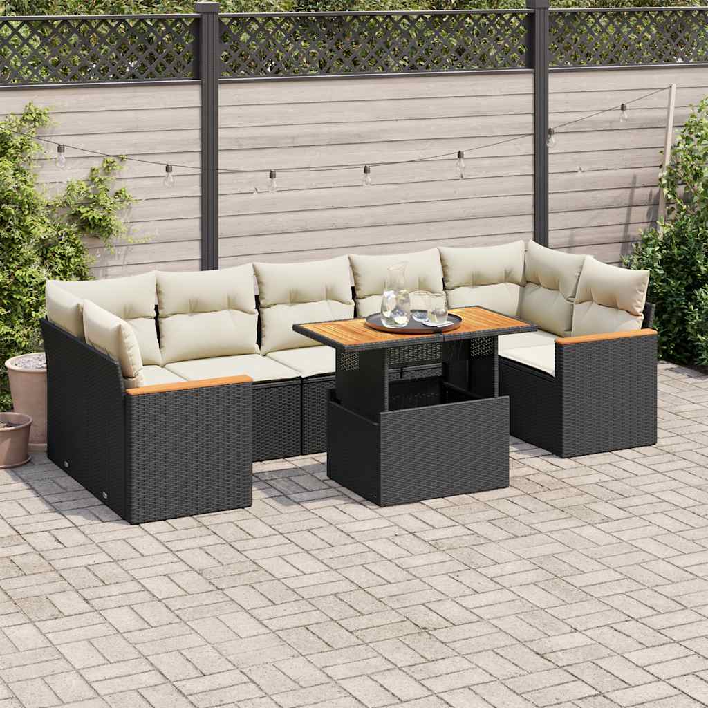 Set mobilier grădină perne 8 piese negru, poliratan/lemn acacia